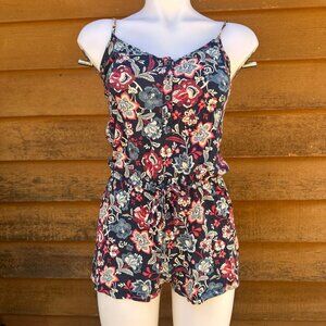 Aeropostale Womens Navy Blue Floral Romper With Adjustable Straps & Elastic Wais